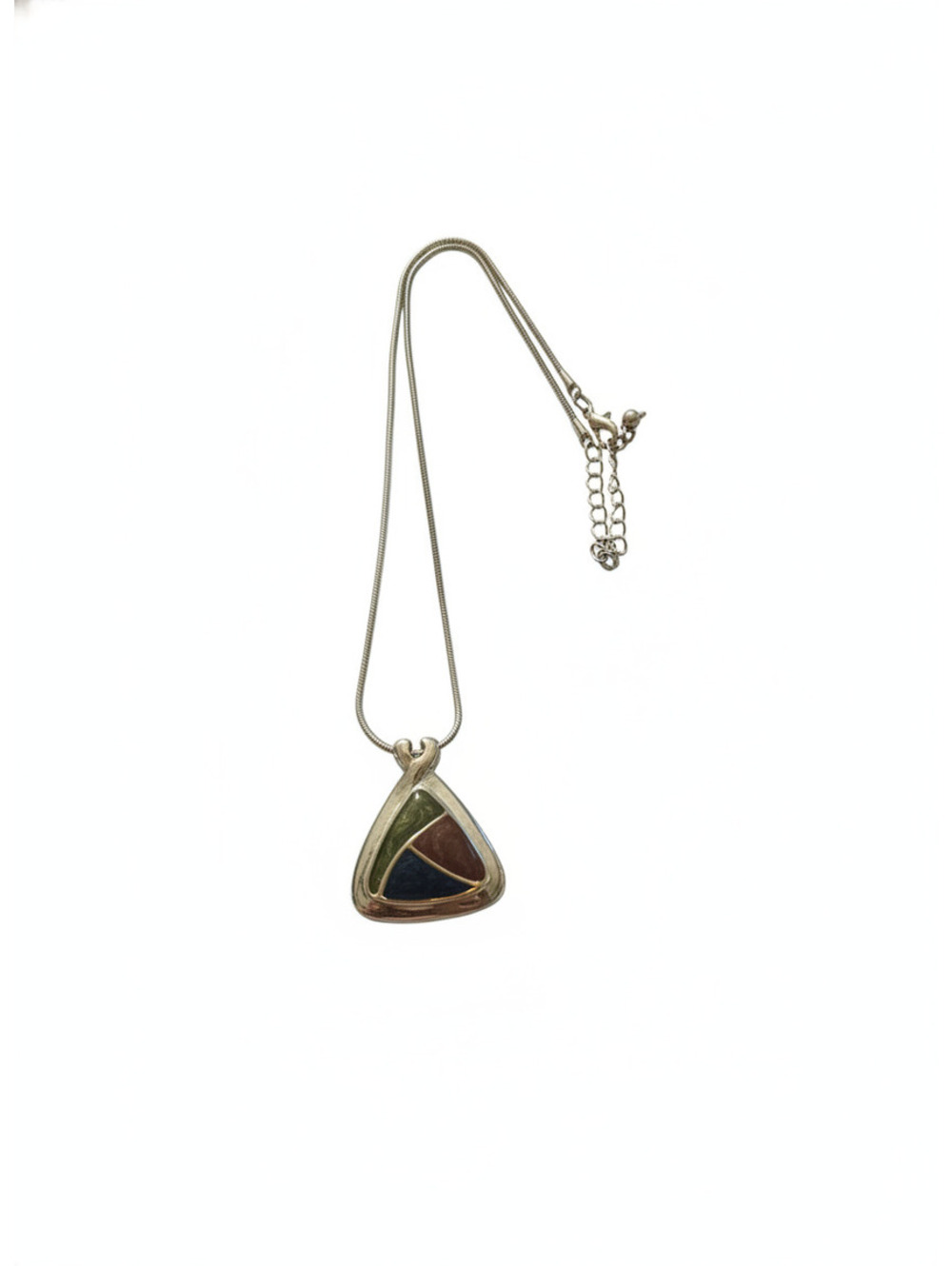 Vintage Silver Tone Triangle Pendant Necklace with Blue Stone